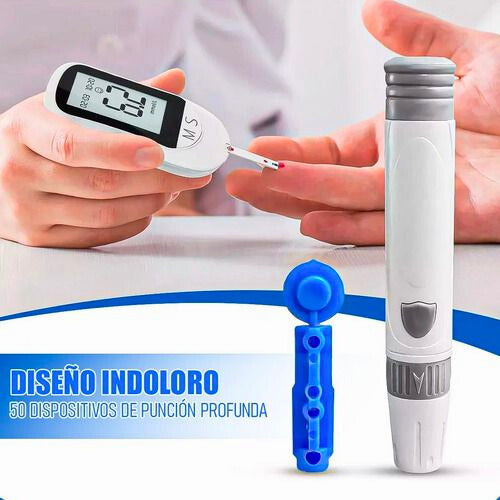 Glucómetro Digital de Precisión (Diseño Indoloro) + Kit Completo (50 Tiras + 50 Lancetas + Dispositivo de Punción)